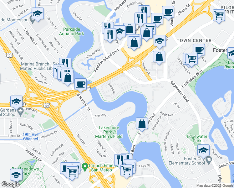 map of restaurants, bars, coffee shops, grocery stores, and more near 2200 Vista Del Mar in San Mateo