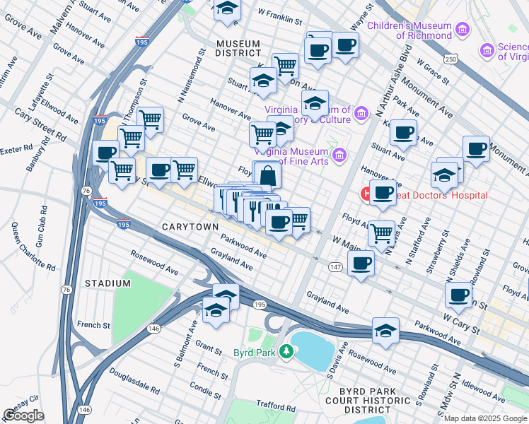 map of restaurants, bars, coffee shops, grocery stores, and more near 3031 Ellwood Avenue in Richmond