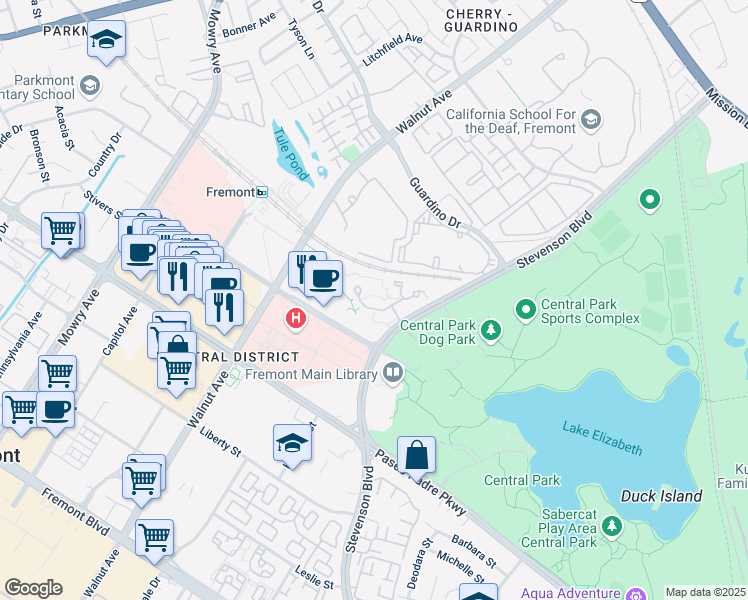 map of restaurants, bars, coffee shops, grocery stores, and more near in Fremont