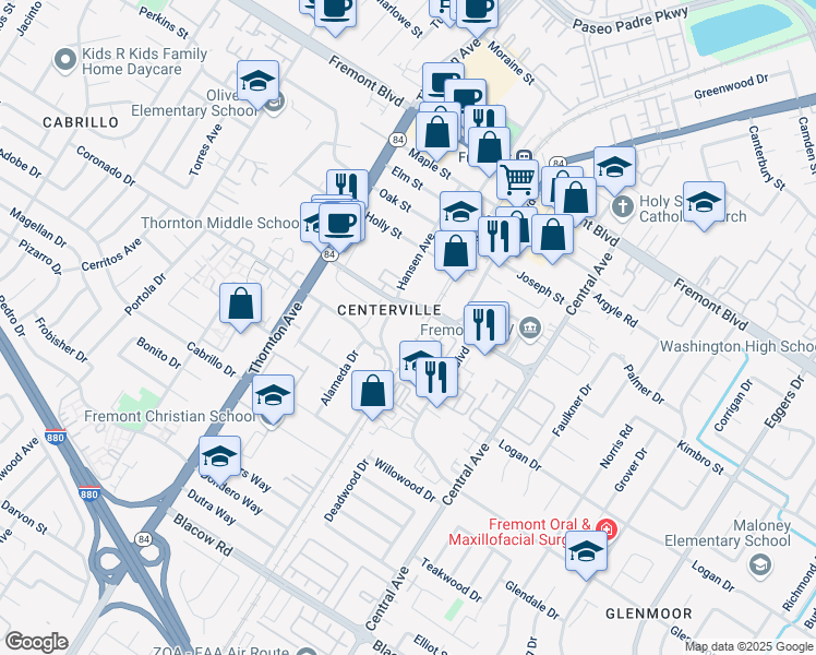 map of restaurants, bars, coffee shops, grocery stores, and more near 4444 Hansen Avenue in Fremont