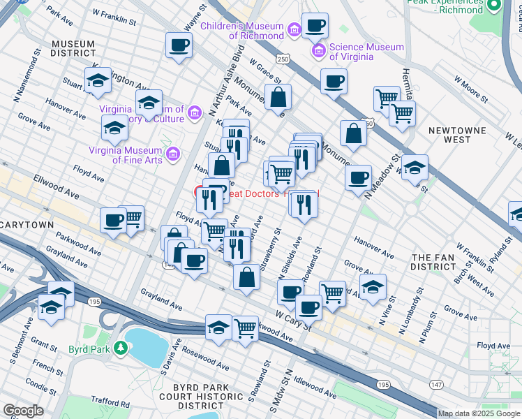 map of restaurants, bars, coffee shops, grocery stores, and more near 210 North Stafford Avenue in Richmond