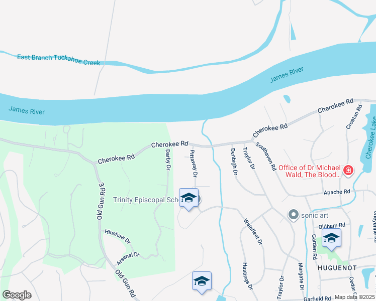 map of restaurants, bars, coffee shops, grocery stores, and more near 10675 Cherokee Road in Richmond