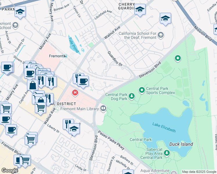 map of restaurants, bars, coffee shops, grocery stores, and more near 1960 Barrymore Common in Fremont