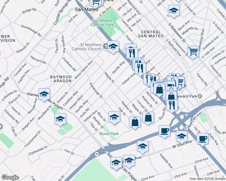 map of restaurants, bars, coffee shops, grocery stores, and more near 222 Hobart Avenue in San Mateo