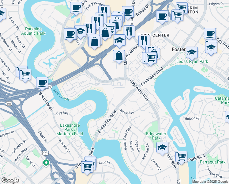 map of restaurants, bars, coffee shops, grocery stores, and more near 815 Sea Spray Lane in Foster City