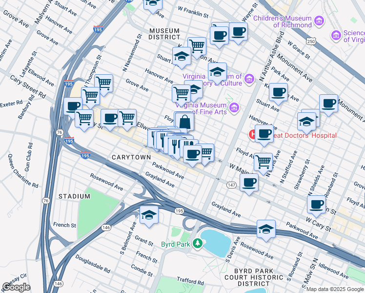 map of restaurants, bars, coffee shops, grocery stores, and more near 3031 Ellwood Avenue in Richmond