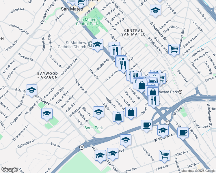 map of restaurants, bars, coffee shops, grocery stores, and more near 1219 Maple Street in San Mateo
