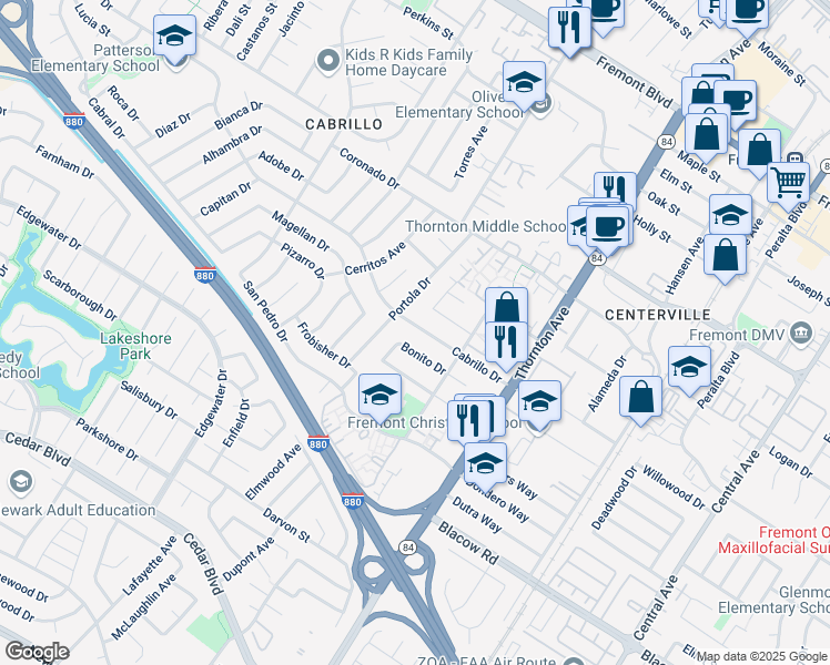 map of restaurants, bars, coffee shops, grocery stores, and more near 36617 Cabrillo Drive in Fremont