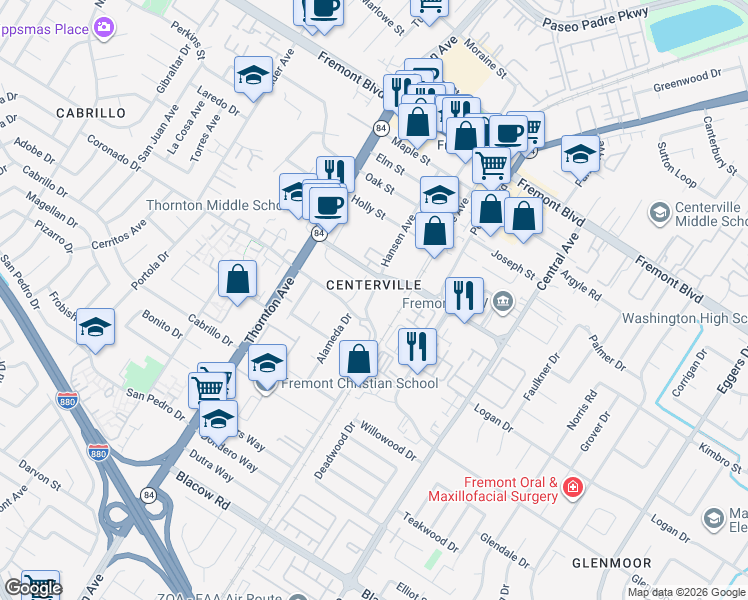 map of restaurants, bars, coffee shops, grocery stores, and more near 4444 Hansen Avenue in Fremont