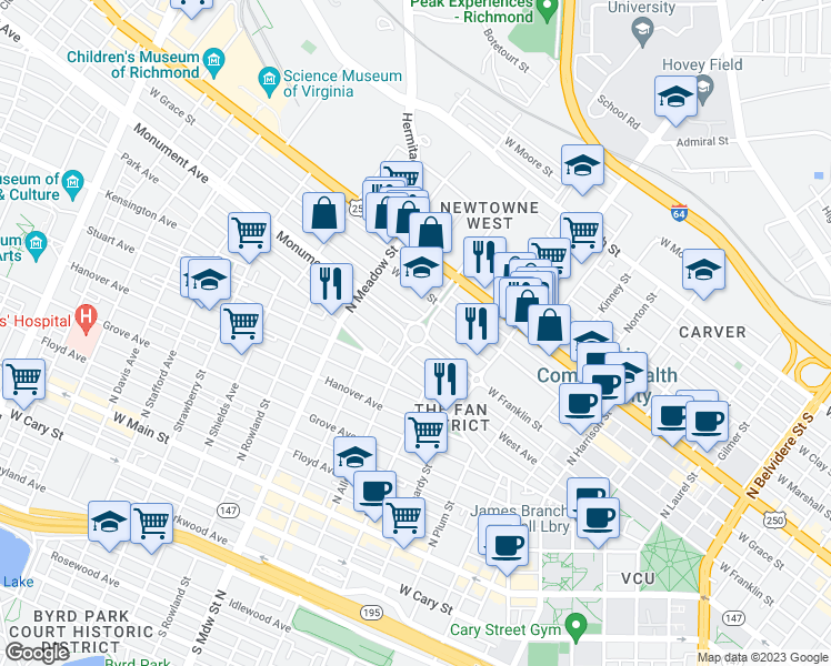 map of restaurants, bars, coffee shops, grocery stores, and more near 1700 Monument Avenue in Richmond