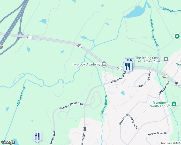 map of restaurants, bars, coffee shops, grocery stores, and more near 2439 Founders Creek Court in Midlothian