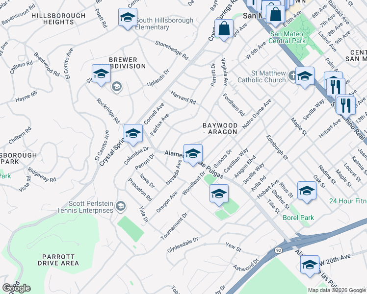map of restaurants, bars, coffee shops, grocery stores, and more near 544 Nevada Avenue in San Mateo