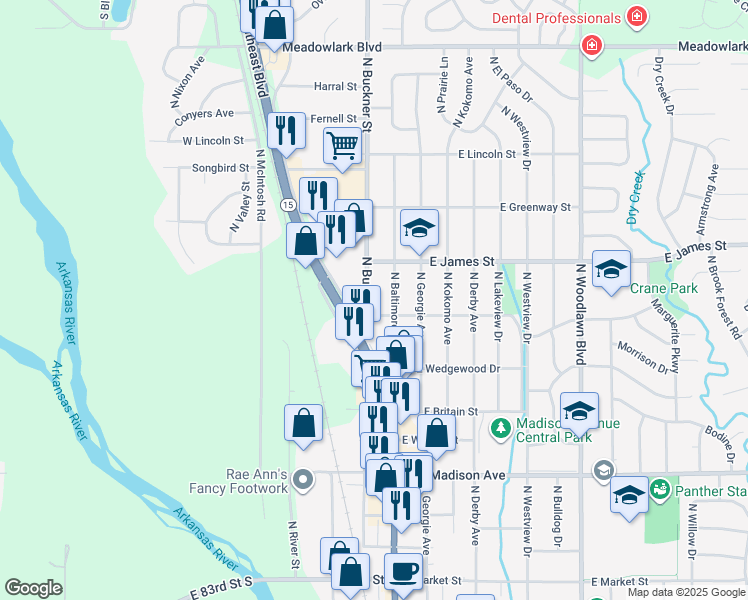 map of restaurants, bars, coffee shops, grocery stores, and more near 1014 North Buckner Street in Derby