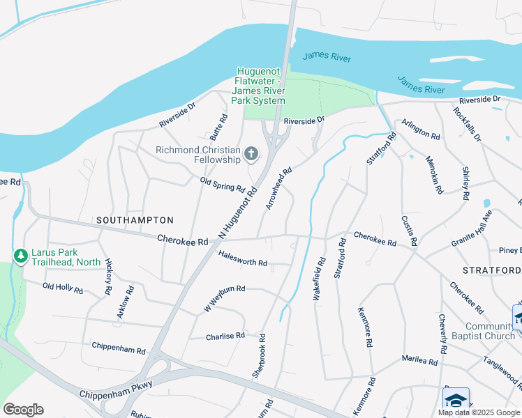 map of restaurants, bars, coffee shops, grocery stores, and more near 4242 Arrowhead Road in Richmond