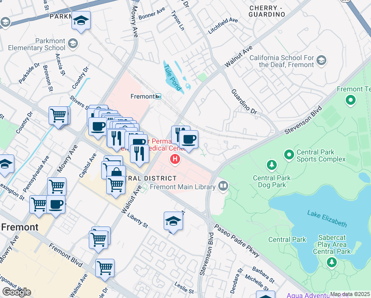 map of restaurants, bars, coffee shops, grocery stores, and more near 39430 Civic Center Drive in Fremont