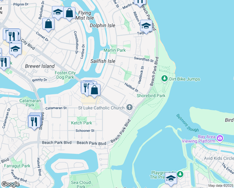 map of restaurants, bars, coffee shops, grocery stores, and more near 760 Marlin Avenue in Foster City