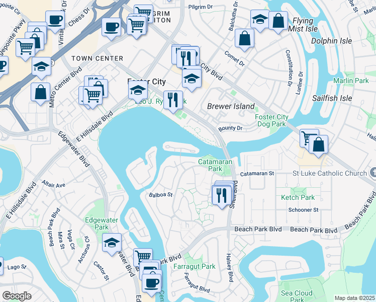 map of restaurants, bars, coffee shops, grocery stores, and more near 1018 Lido Lane in Foster City