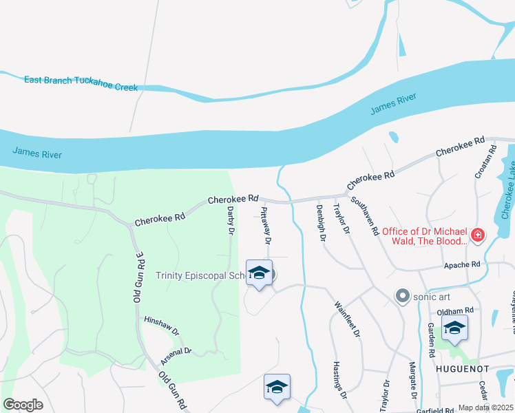 map of restaurants, bars, coffee shops, grocery stores, and more near 10675 Cherokee Road in Richmond