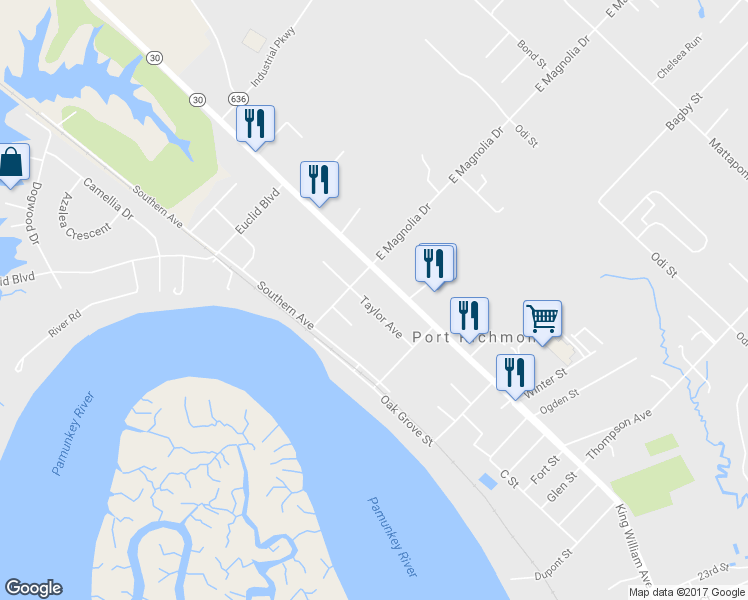 map of restaurants, bars, coffee shops, grocery stores, and more near 3282 Taylor Avenue in West Point