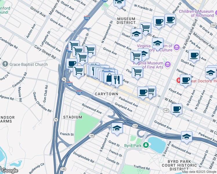 map of restaurants, bars, coffee shops, grocery stores, and more near 3325 West Cary Street in Richmond