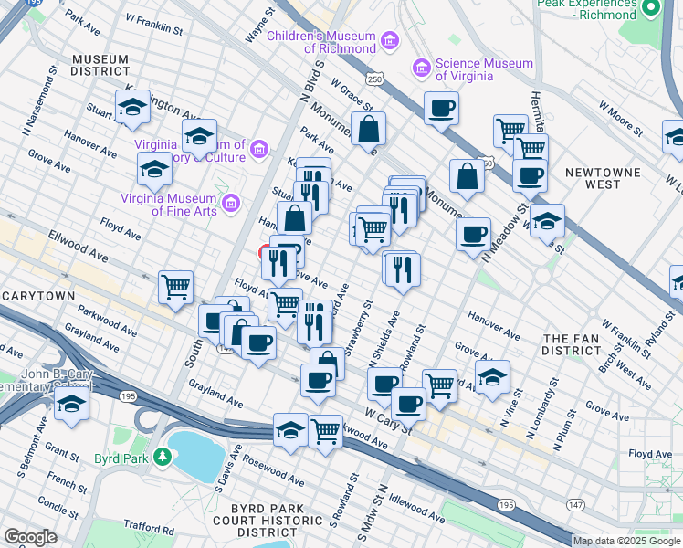 map of restaurants, bars, coffee shops, grocery stores, and more near 210 North Stafford Avenue in Richmond