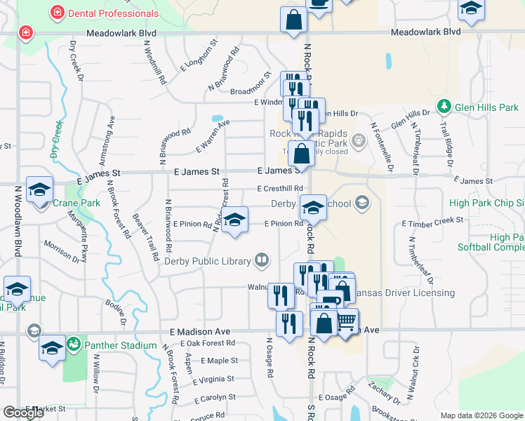 map of restaurants, bars, coffee shops, grocery stores, and more near 1625 Brendonwood Rd in Derby