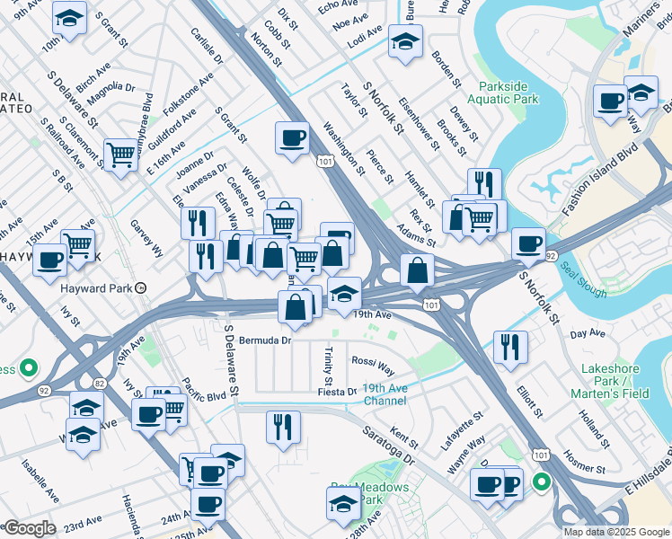 map of restaurants, bars, coffee shops, grocery stores, and more near 1825 South Grant Street in San Mateo