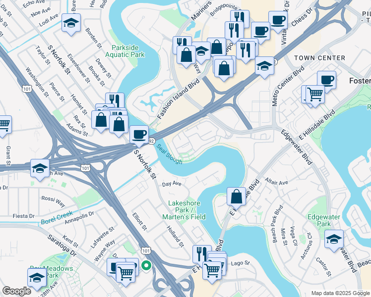 map of restaurants, bars, coffee shops, grocery stores, and more near 1402 Via Vista in San Mateo