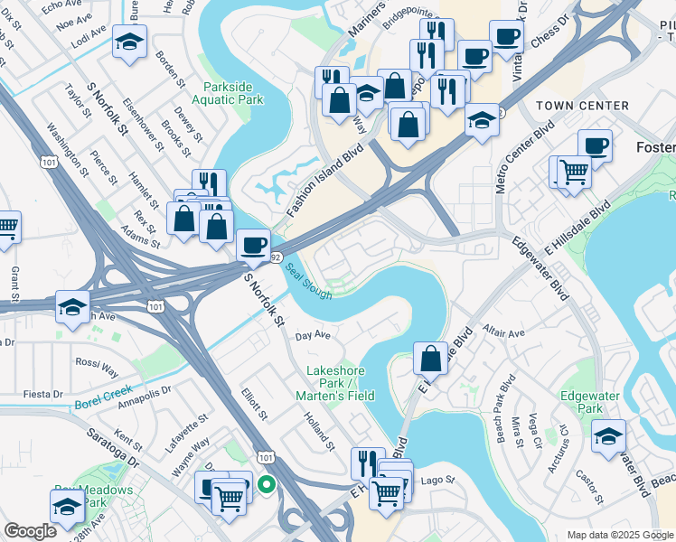 map of restaurants, bars, coffee shops, grocery stores, and more near 1492 Via Vista in San Mateo