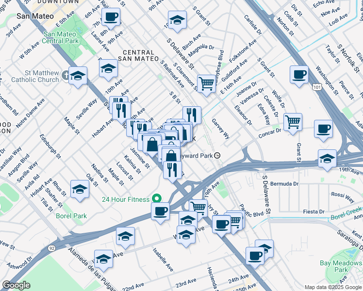map of restaurants, bars, coffee shops, grocery stores, and more near 101 South Boulevard in San Mateo