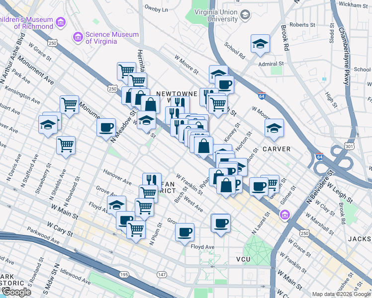 map of restaurants, bars, coffee shops, grocery stores, and more near in Richmond