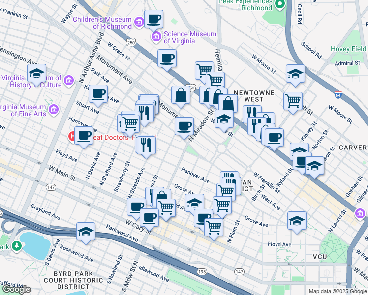 map of restaurants, bars, coffee shops, grocery stores, and more near 402 North Meadow Street in Richmond