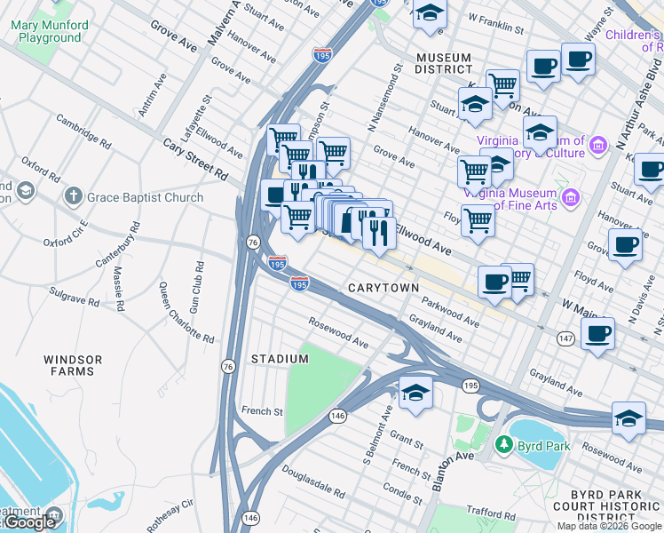 map of restaurants, bars, coffee shops, grocery stores, and more near 3439 Parkwood Avenue in Richmond