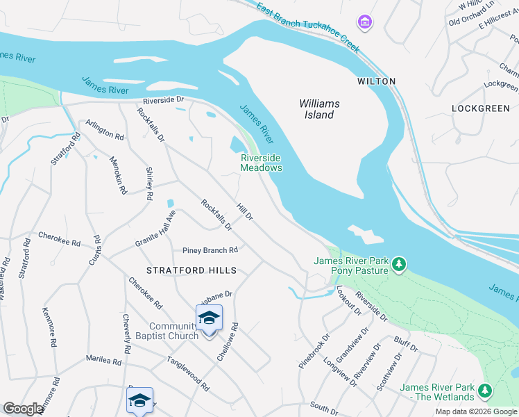 map of restaurants, bars, coffee shops, grocery stores, and more near 7539 Riverside Drive in Richmond