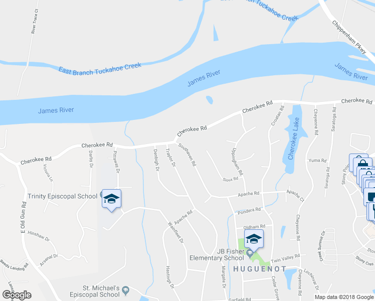 map of restaurants, bars, coffee shops, grocery stores, and more near 4230 Southaven Road in Richmond