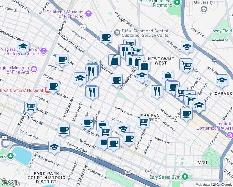 map of restaurants, bars, coffee shops, grocery stores, and more near 402 North Meadow Street in Richmond