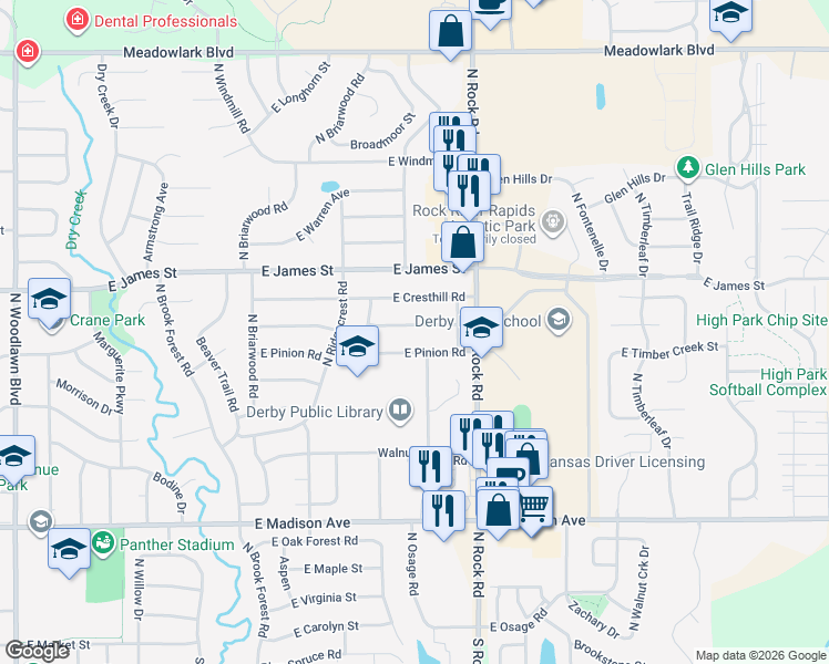 map of restaurants, bars, coffee shops, grocery stores, and more near 1625 Brendonwood Road in Derby