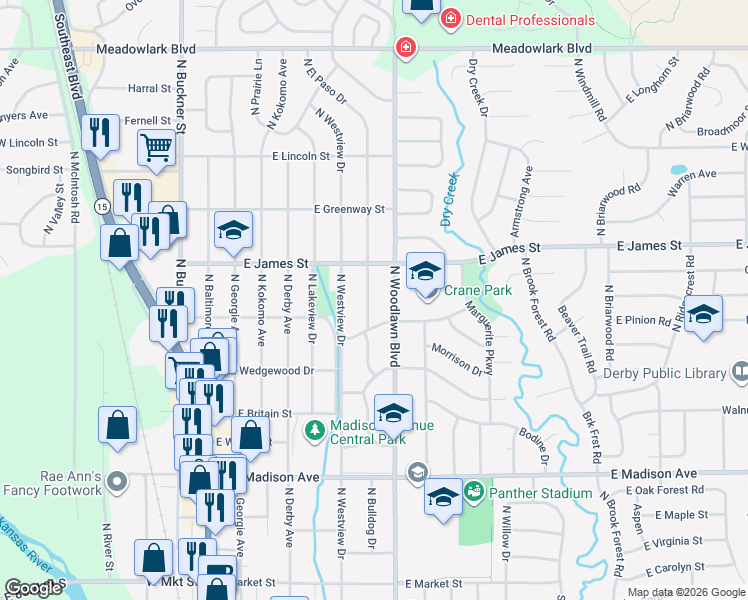 map of restaurants, bars, coffee shops, grocery stores, and more near 932 North El Paso Drive in Derby