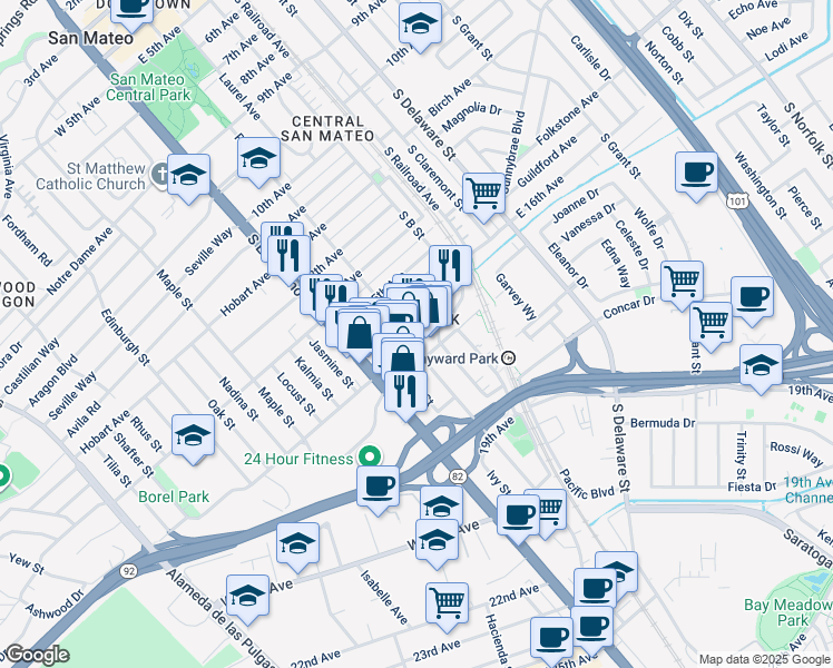 map of restaurants, bars, coffee shops, grocery stores, and more near 101 South Boulevard in San Mateo
