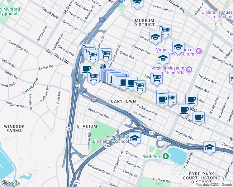 map of restaurants, bars, coffee shops, grocery stores, and more near 3340 Parkwood Avenue in Richmond
