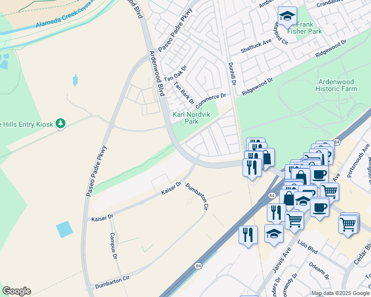 map of restaurants, bars, coffee shops, grocery stores, and more near 34501 Winslow Terrace in Fremont
