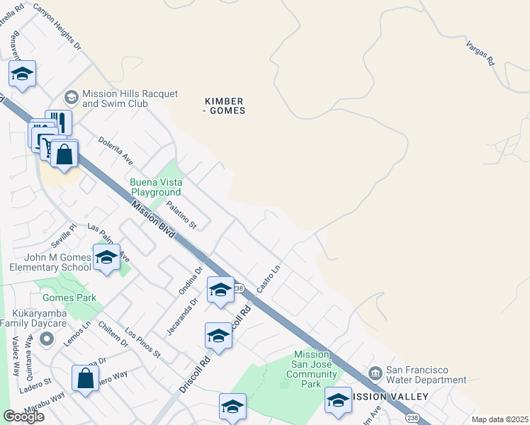map of restaurants, bars, coffee shops, grocery stores, and more near 250 Clara Terrace in Fremont