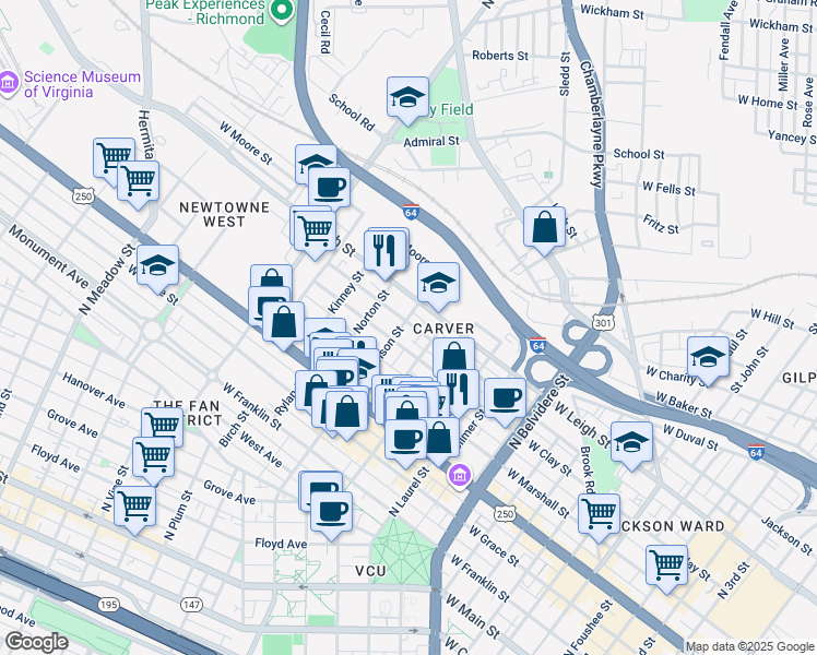 map of restaurants, bars, coffee shops, grocery stores, and more near 817 North Harrison Street in Richmond