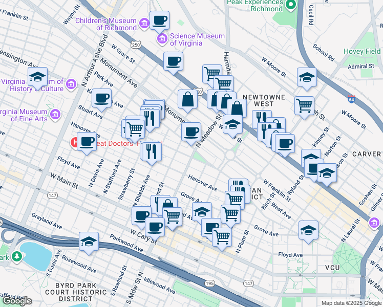 map of restaurants, bars, coffee shops, grocery stores, and more near 404 North Meadow Street in Richmond