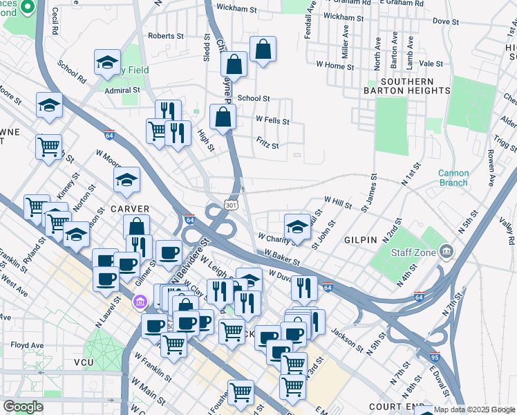 map of restaurants, bars, coffee shops, grocery stores, and more near 436 Calhoun Street in Richmond