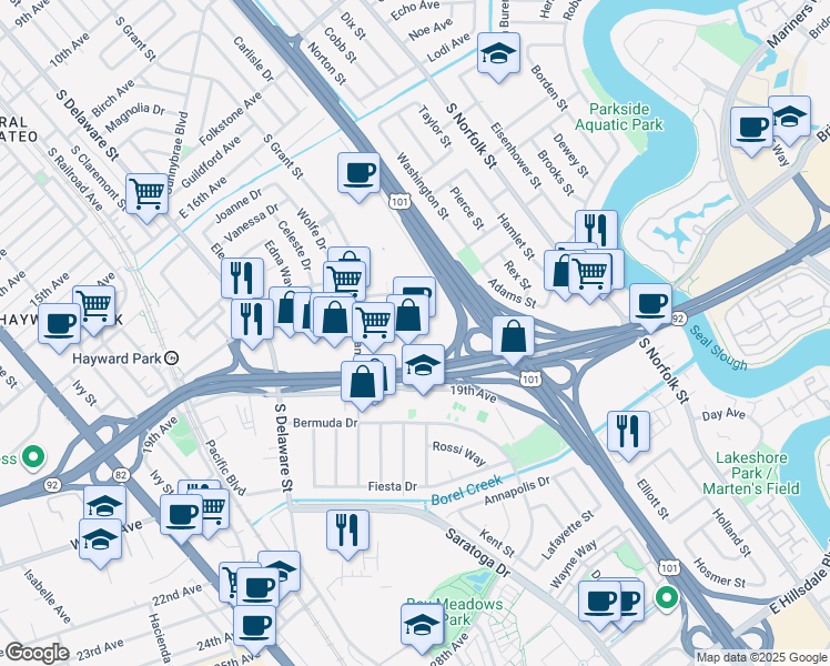 map of restaurants, bars, coffee shops, grocery stores, and more near 1825 South Grant Street in San Mateo