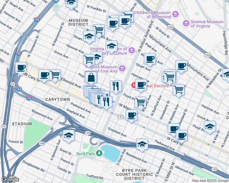 map of restaurants, bars, coffee shops, grocery stores, and more near 2809 Floyd Avenue in Richmond