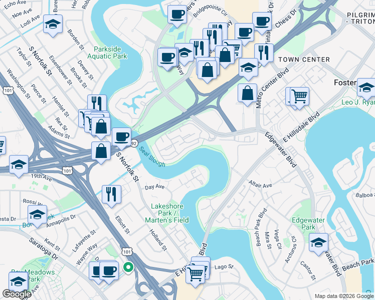 map of restaurants, bars, coffee shops, grocery stores, and more near 2241 Vista Del Mar in San Mateo