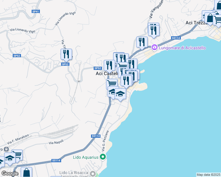 map of restaurants, bars, coffee shops, grocery stores, and more near 12 Via Vittorio Brancati in Aci Castello