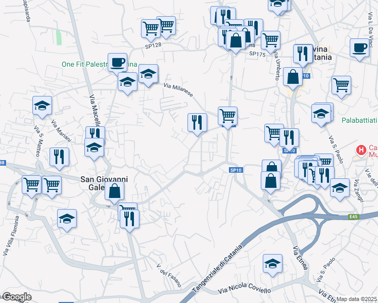 map of restaurants, bars, coffee shops, grocery stores, and more near 5 Via Vecchia San Giovanni in Gravina di Catania